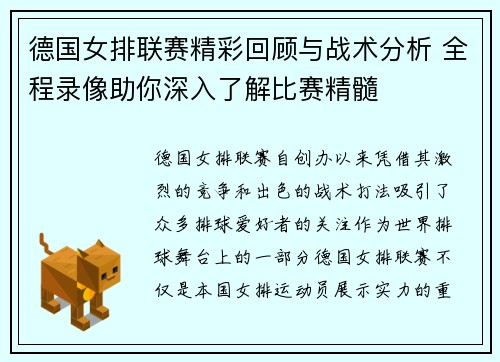 德国女排联赛精彩回顾与战术分析 全程录像助你深入了解比赛精髓