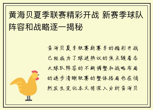 黄海贝夏季联赛精彩开战 新赛季球队阵容和战略逐一揭秘